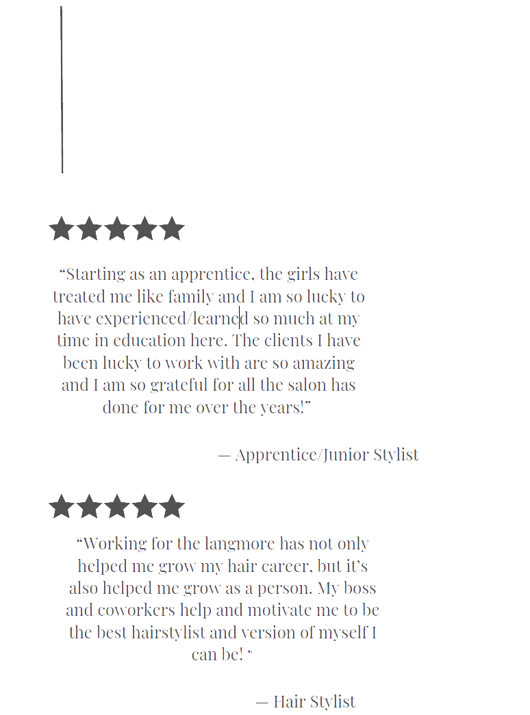 Two testimonial reviews under 5-star graphics: one from an apprentice/stylist and one from a hair stylist.
